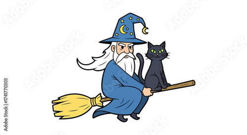 Charming wizard soars through the night sky with his loyal black cat companion riding a broom