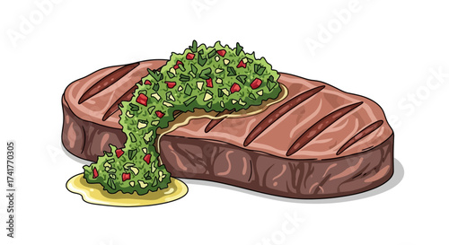 Delicious grilled steak illustration with chimichurri sauce ideal for restaurant menus or cookbooks