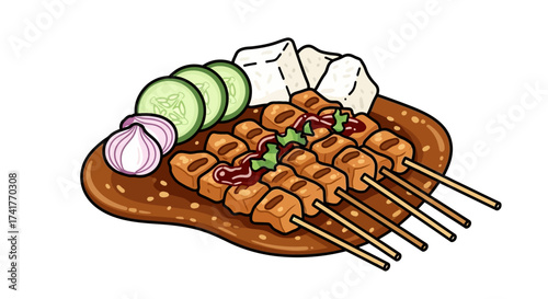 Delicious tofu satay illustration featuring a complete dish with cucumbers and onions served on