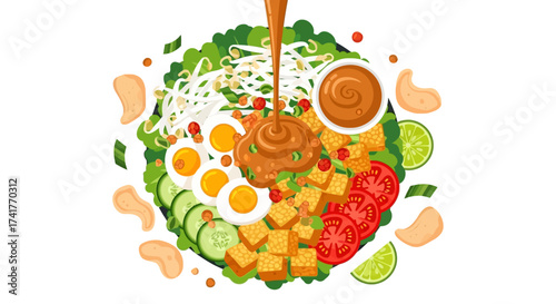 Delicious Gado-Gado Illustration: A Vibrant Indonesian Salad with Peanut Sauce Drizzle and Fresh