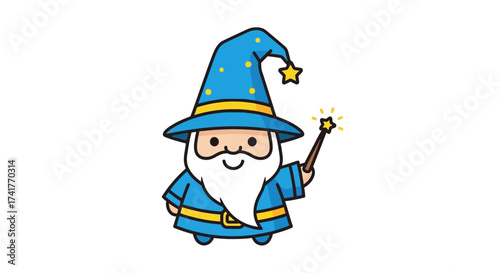 Charming cartoon wizard illustration with a pointy hat and magic wand on a white background