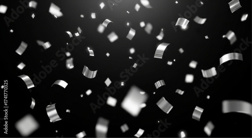 A dynamic display of shimmering, silvery confetti showers downwards against a dark background, symbolizing celebration and festive joy.