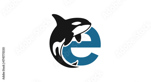 Creative logo design featuring a majestic orca embracing letter E in blue color scheme