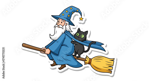 Whimsical wizard and cat cartoon flying on broomstick against white background