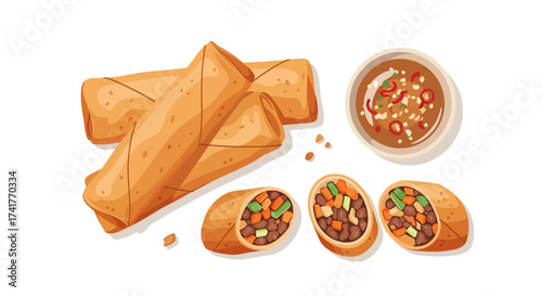Delicious spring rolls illustration with dipping sauce, showcasing authentic asian cuisine and