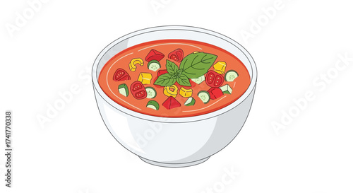 Vibrant Illustration of Gazpacho Soup with Fresh Vegetables and Basil Garnish