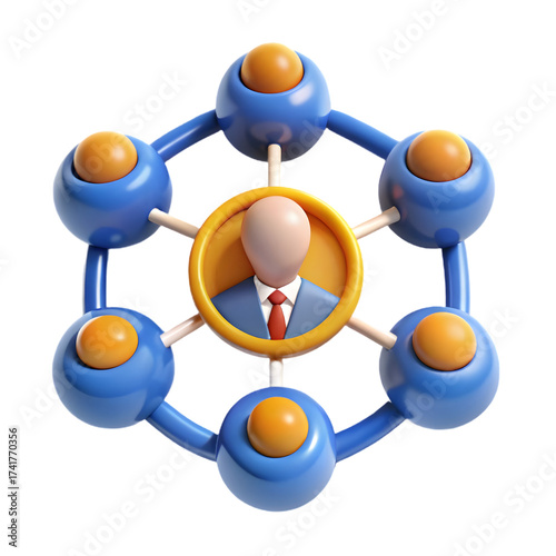 Abstract 3d representation of a central business person connected to a network of team members and resources