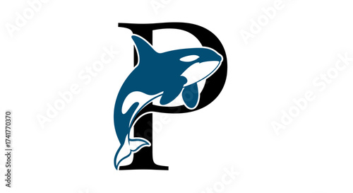 Elegant Initial P Logo Design with Orca Whale, Perfect for Coastal Themed Branding
