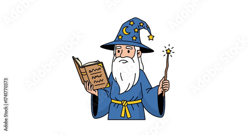 A cartoon wizard illustration reading a spellbook and holding a wand in hand casting magic