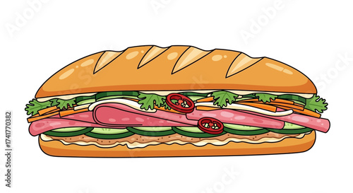 Delicious Banh Mi Sandwich Cartoon Illustration Ready to Eat A Vietnamese Classic Cuisine