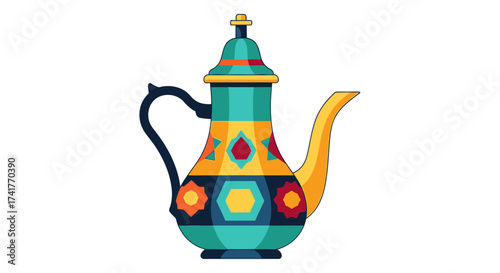Exquisite arabian teapot illustration, showcasing intricate patterns and vibrant colors for a