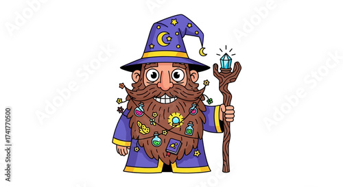 Cartoon wizard with a sparkling gem staff radiating magical allure and mystic charm