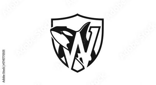 Monochrome orca and initial letter emblem design on a shield background logo mark