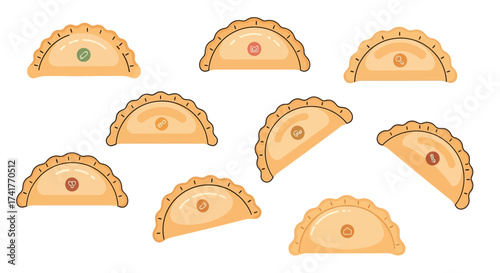 Whimsical empanada pattern design, food illustration with a delightful assortment of symbols on