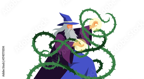 Wizard casting a spell surrounded by thorny vines in a fantasy illustration design
