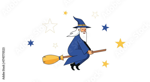 Whimsical wizard soars through the starry night sky on his trusty broomstick