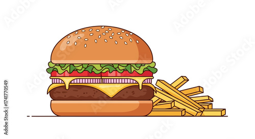 Delicious cartoon burger and french fries illustration on a white background for design