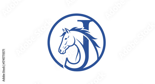 Elegant horse head intertwined with letter J logo concept design in a circle badge