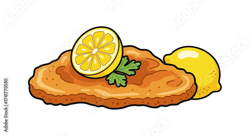 Delicious cartoon schnitzel with a lemon slice and parsley garnish on a white background