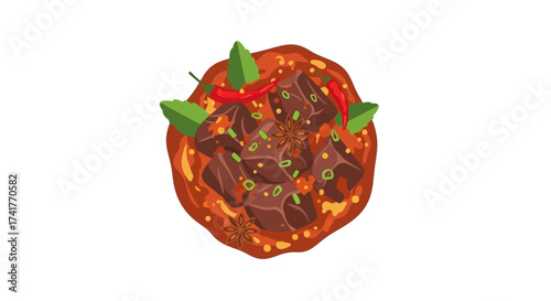 Delicious braised beef dish with rich sauce, spices, herbs and peppers served in a bowl viewed
