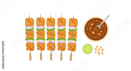 Colorful Indonesian Satay Illustration with Peanut Sauce and Lime Ready to Serve, Delicious street