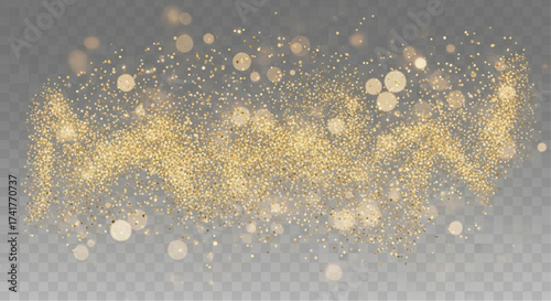 An ethereal, radiant spectacle of glimmering golden particles, suspended in a transparent space, creating a sense of enchantment and celebration. overlay texture for your design. 