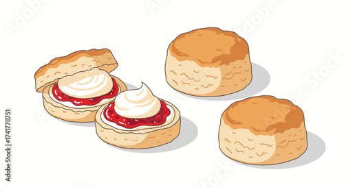 Delightful Scones Illustration Featuring Jam and Cream Perfect for Dessert Time