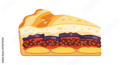 Vector illustration depicting a slice of Moussaka showing multiple delicious layers