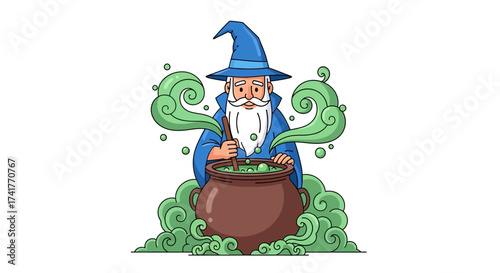 Illustration of a Wizard Mixing a Potion in a Cauldron with Bubbles and Steam Effect