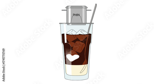 A minimalist vector illustration of Vietnamese iced coffee with condensed milk and phin filter