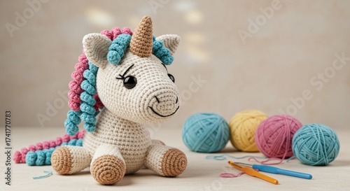 Crocheted unicorn toy with yarn balls and crochet hooks on a neutral background.