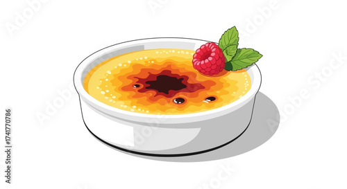 Delicious creme brulee dessert with raspberry and mint illustration perfectly suitable for dessert