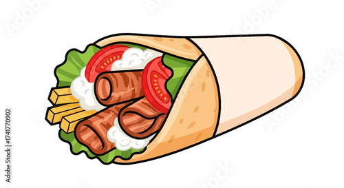 Delicious cartoon style doner kebab wrap with meat vegetables and creamy sauce food item