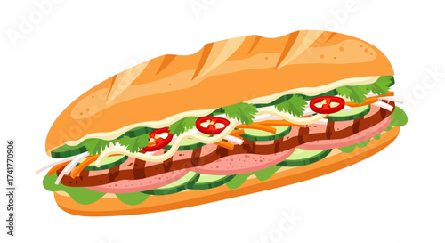Delicious bánh mì sandwich illustration with fresh ingredients and vibrant colors