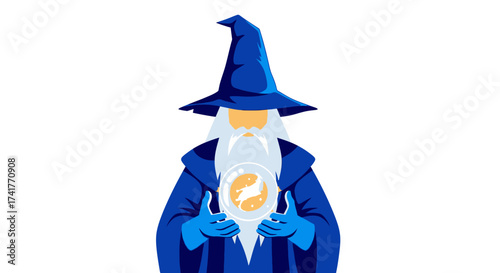 Mystical wizard holding crystal ball reveals a fantastical creature inside design graphic