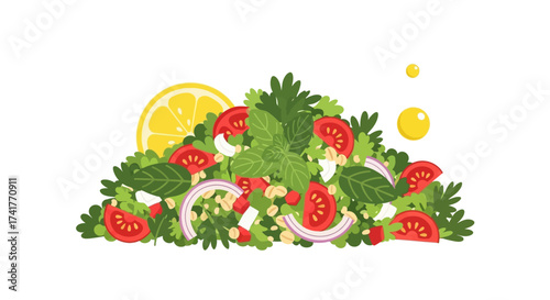 Vibrant and Colorful Illustration of a Fresh Tabouli Salad with Lemon Slice Illustration