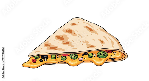 Delicious cartoon quesadilla overflowing with melted cheese and colorful toppings isolated