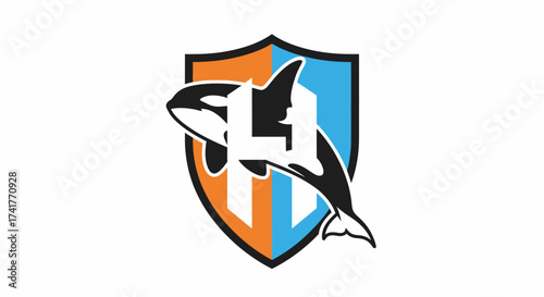 Killer whale emblem on shield featuring a two-toned background and clean modern design perfect for