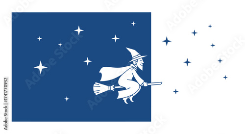 Whimsical vector illustration of a wizard flying on a broomstick under the stars in the night sky