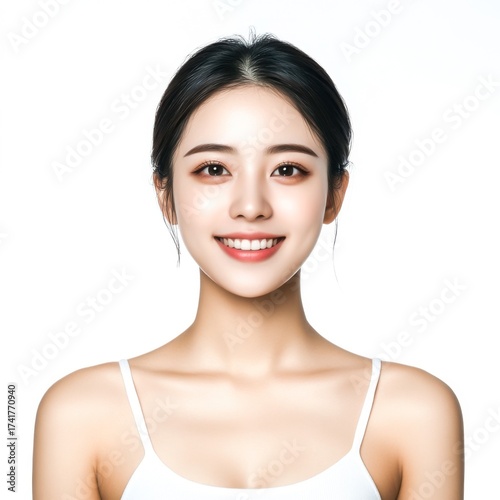 Young woman with bright smile posing against plain background for beauty and fashion portrait