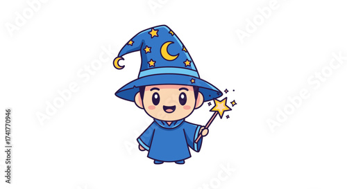Cute cartoon wizard with magic wand, wearing a starry hat, isolated on white background in kawaii