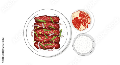 Delicious Korean BBQ Illustration Featuring Marinated Beef, Kimchi and Rice for Culinary Projects