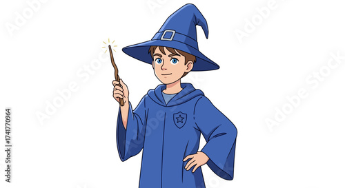 Cartoon illustration of a boy dressed as a wizard casting a spell with magic wand