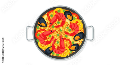 Colorful and appetizing paella illustration in a cooking pan ready to serve  a seafood delight