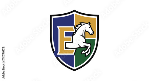 Elegant heraldic shield logo featuring a stylized horse and the letter E composition