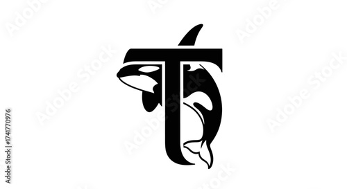 Stylized orca lettermark design showcasing a sleek killer whale forming the letter T