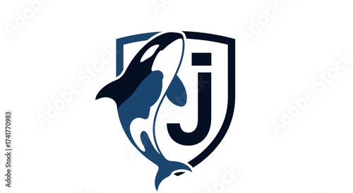 Elegant Logo Design featuring Orca Whale and the Letter J inside a shield emblem