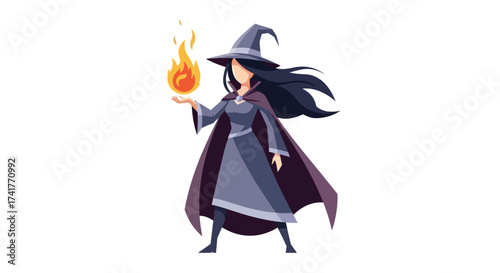 Illustration of a mysterious witch casting a spell with fire in her hand on a white background