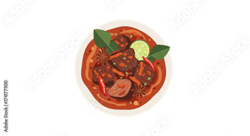Delicious rendang dish with beef cubes in spicy coconut milk, traditional Indonesian cuisine