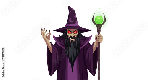 Cartoon wizard casting a spell with glowing eyes and magical staff character art